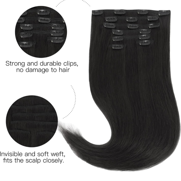 20 Inch Clip in 100% Human Hair Extensions 100 Gram Jet Black - Picture 3 of 6